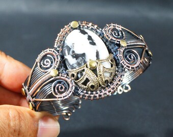 Buffalo Jasper Copper Wire Wrapped Cuff Bangle, Natural Gemstone Bracelet, Handmade Jewelry