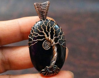 Anhänger „Baum des Lebens“ aus schwarzem Onyx, handgefertigter Schmuck aus Kupferdraht
