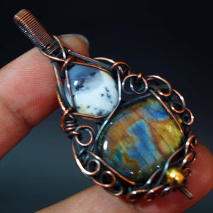 Labradorite Pendant Dendritic Opal Copper Pendant Wire Wrapped Handmade Pendant Necklace Jewelry Gift For Best Friend Birthday Unique Copper