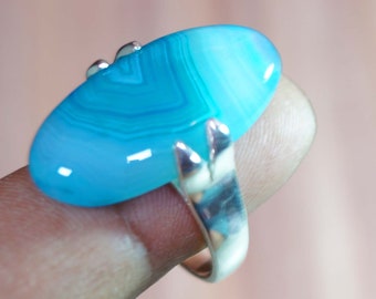 Handmade Silver Plated Blue Agate Statement Ring, US Size 10.5