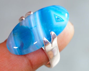 Blue Agate Statement Ring, Size 9.5, Silver Plated