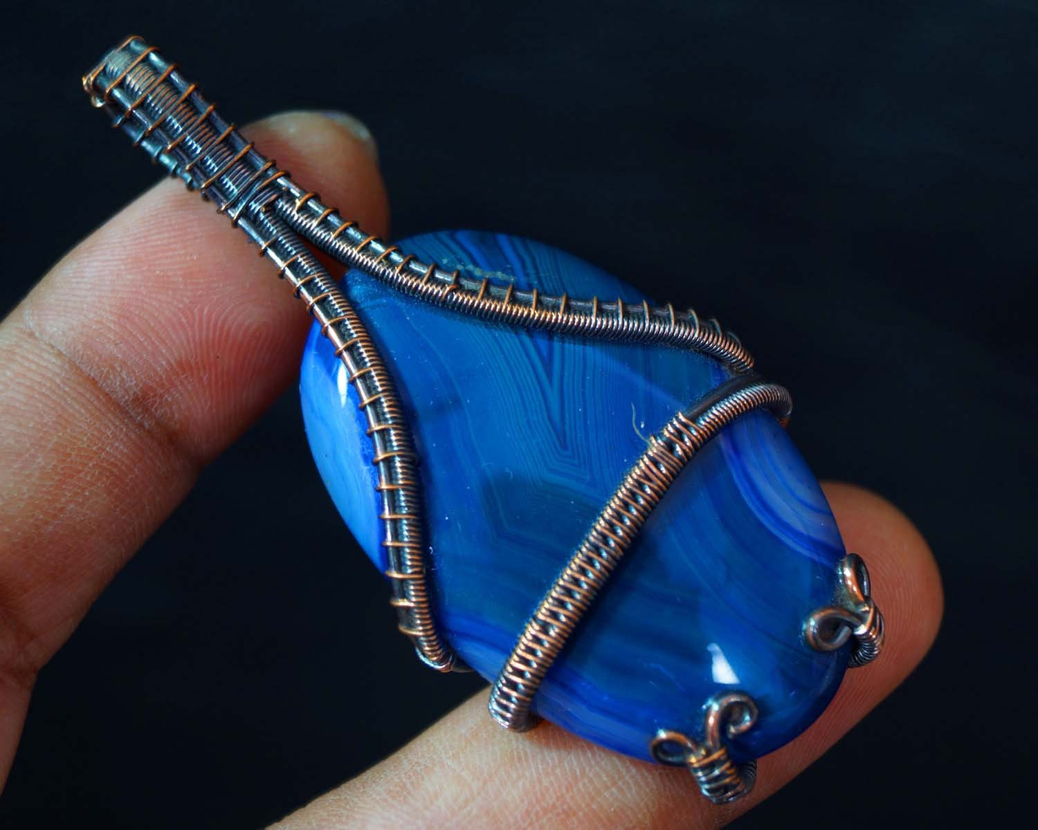 Blue Agate Copper Pendant Copper Wire Wrapped Pendant Extra Large
