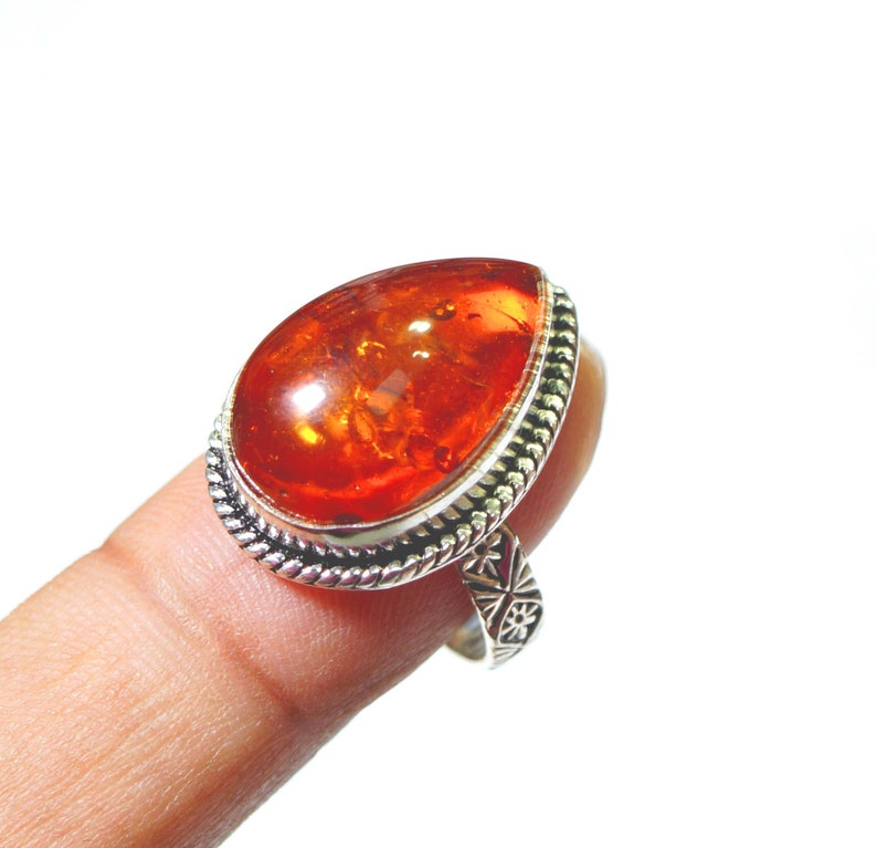 Orange Color Amber Gemstone Ladies Ring Size US 8.5 Silver Plated Handmade Jewellery