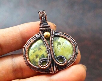 Handmade Copper Wire Wrapped Green Stone Pendant Necklace