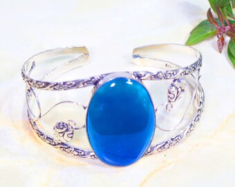 Blue Onyx Cuff Bangle, Silver Plated, Handmade Jewelry
