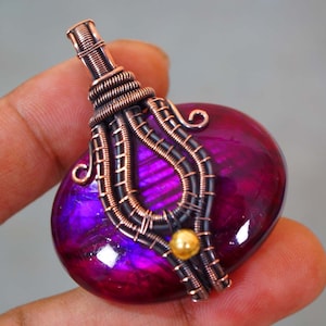 Pink Fire Labradorite Pendant Copper Wire Wrapped Pendant Handmade Copper Wire Jewelry Anniversary Gift For Wife Minimalist Boho Jewellery