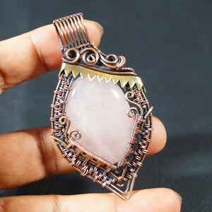 Rose Quartz Copper Pendant Wire Wrapped Solid Copper Pendant for Women&#39;s Unique Style Design Copper Wire Pendant Gift for Her Quartz Jewelry