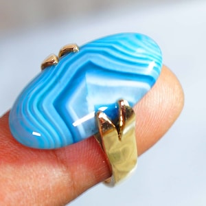 Blue Lace Agate Ring, Agate Ring Size 8 US, Gemstone Ring, 18k Gold Plated Brass Jewelry, Statement Rings, Anniversary Gifts, Boho Rings