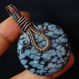 Grau Schneeflocken Obsidian Anhänger Draht Eingewickelt Kupfer Anhänger Handgemachter Kupfer Anhänger Natürliche Edelstein Kupfer Anhänger Geschenk für Ihre Mutter