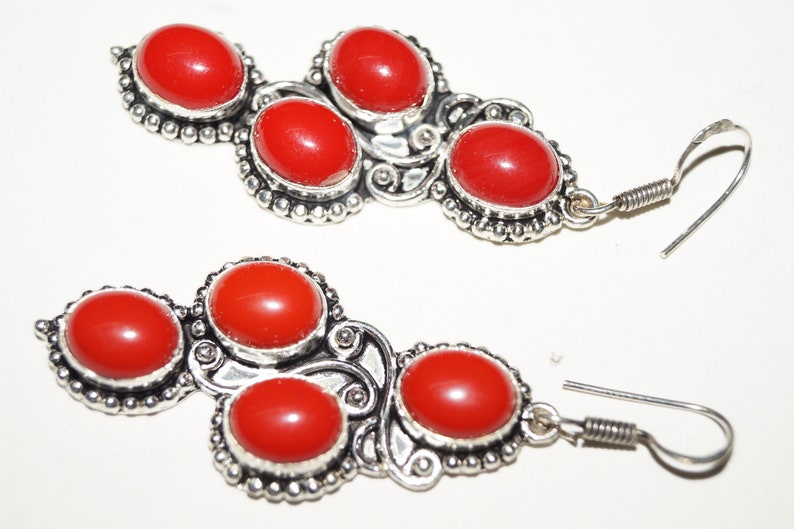 Red Color Coral Gemstone Ladies Earring 5224 mm Silver Plated Handmade Jewellery