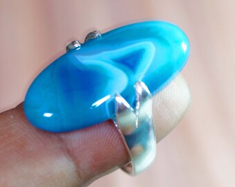 Blue Agate Silver Plated Ring, Size 8.5, Handmade Jewelry