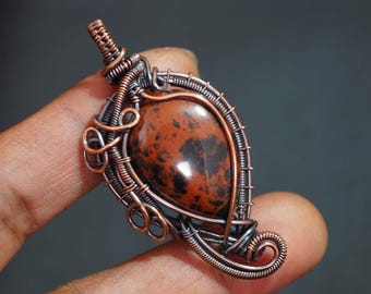 Colar artesanal com pingente de jaspe envolto em fio de cobre - Joia com pedra preciosa