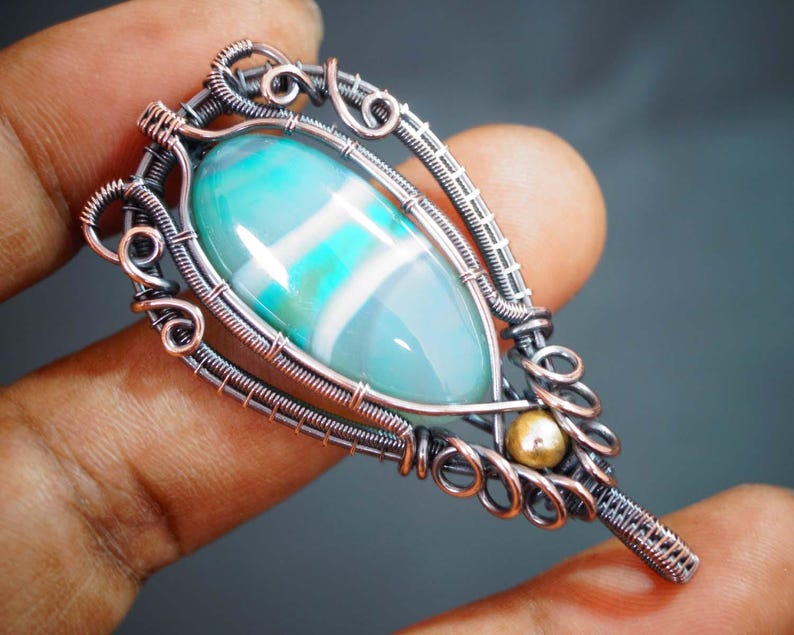 Copper Wire Wrap With Green Agate Pendant Handmade Copper Wire