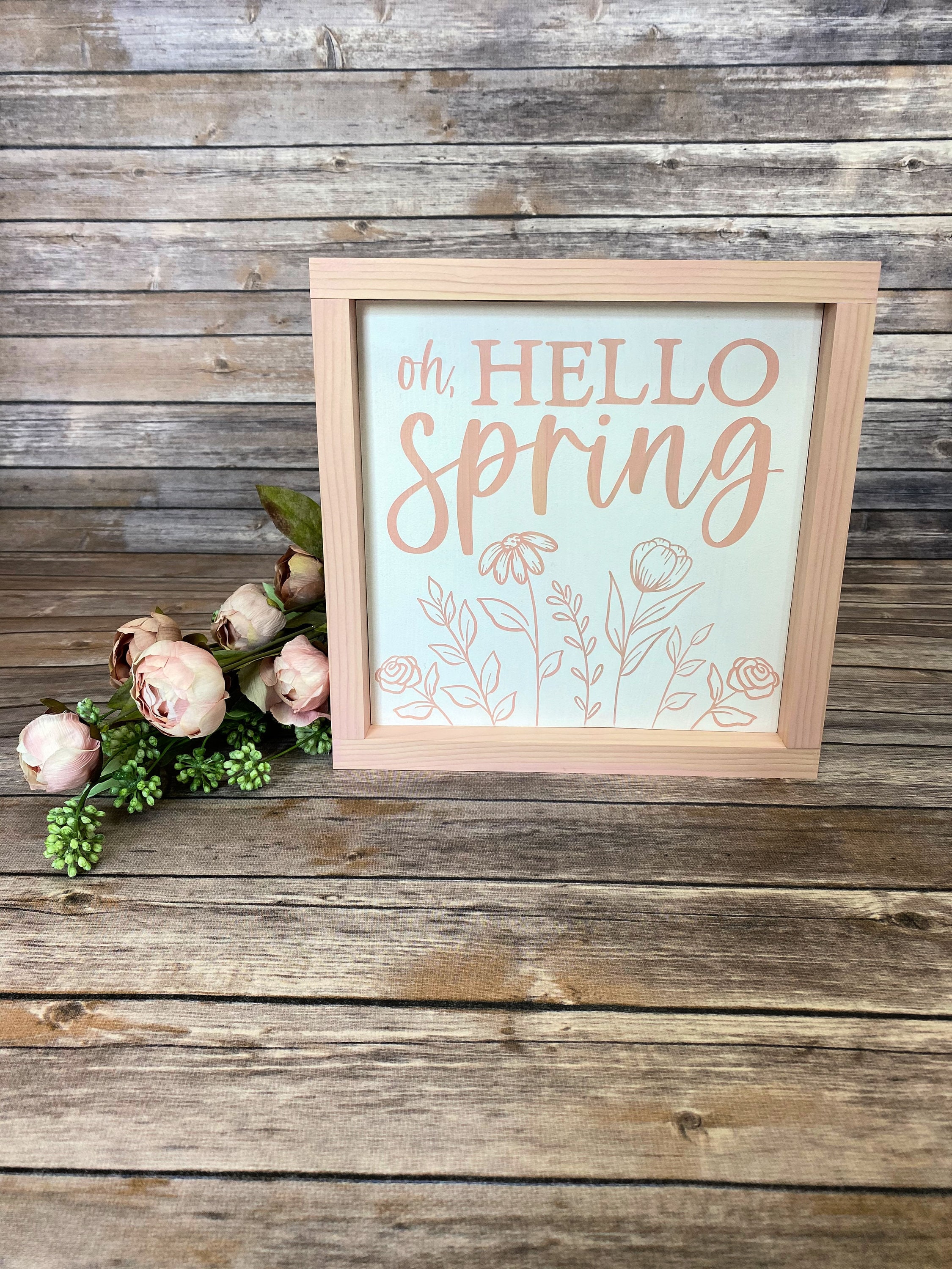Oh Hello Spring Farmhouse Wood Sign, Botanical Spring Wood Sign ...