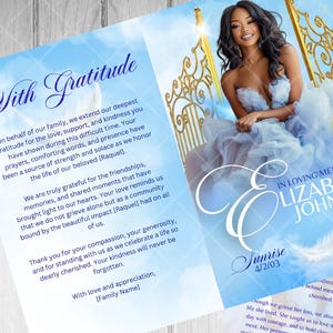 May include: A funeral program template featuring a blue sky background with clouds and golden gates. The design includes text such as With Gratitude, In Loving Memory of Elizabeth Johnson, Sunrise 4/2/03, Sunset 10/23/25, and Order of Service.