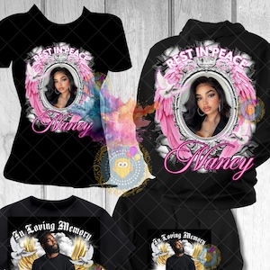 Puede incluir: Camisetas y sudaderas negras y blancas con diseños conmemorativos. Las camisetas presentan retratos enmarcados por alas de ángel y detalles florales, con nombres y la frase "Rest in Peace". Otras camisetas muestran retratos con el texto "In Loving Memory".
