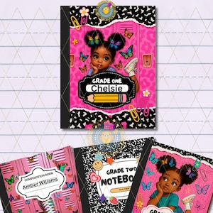 Puede incluir: Cuadernos de composición con ilustraciones coloridas. Un cuaderno presenta a una niña con cabello de mariposa y el nombre "Chelsie" con "Grade One". Otros cuadernos tienen los nombres "Amber Williams" y "Rosa Maria Aguado" con "Grade Two".