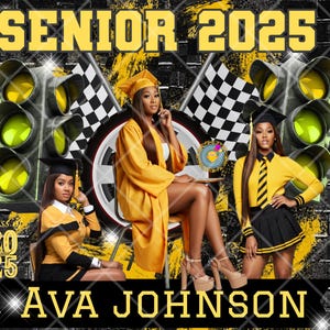 以下が含まれることがあります： 卒業の発表。黒と黄色の背景に、卒業帽とガウンを着た3人の写真が写っている。発表には「Senior 2025」と「Ava Johnson」と書かれている。
