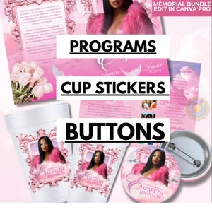 May include: A collection of memorial items in pink tones, including programs, cup stickers, and buttons. The items feature a portrait of a woman with pink accents and the name "Elizabeth Johnson". The text "Sunset 8/23/24" is also visible.
