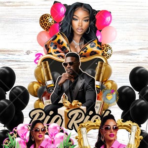 May include: A digital illustration for a birthday celebration, featuring a woman and a man, balloons, champagne bottles, and gift boxes. The text reads "Big Rich" and "Happy 30th Dirty 30". The color palette includes pink, black, gold, and leopard print.