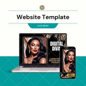 Könnte beinhalten: Ein Laptop und ein Smartphone zeigen eine Website-Vorlage mit einem Frauenporträt. Der Laptop-Bildschirm zeigt den Text "DIGITAL DIVA" und "LEARN HOW TO MASTER DIGITAL PRODUCTS". Das Smartphone hat einen "CLICK HERE"-Button.