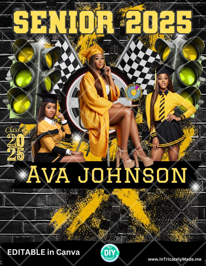 May include: A black and yellow graduation announcement with a photo of three people wearing graduation caps and gowns. The announcement says "Senior 2025" and "Ava Johnson".