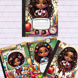 Op de afbeelding: Drie schriften met illustraties van leerlingen met donker haar, schooluniformen en rugzakken. De kaften tonen schoolbenodigdheden zoals rode appels, wekkers, potloden en wereldbollen, met een label om een naam op te schrijven.