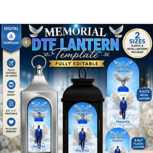 May include: A digital memorial DTF lantern template featuring a silver and a black lantern design. The template includes customizable text fields for names, dates, and photos, with angel wing graphics and blue sky backgrounds for 4.1x7.5 and 3.5x7 sizes.