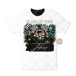 May include: White t-shirt with a black and green checkered design, a graduation cap, and the text "Class of 2025". The shirt also features a photo of a graduate with the name "James" written below.