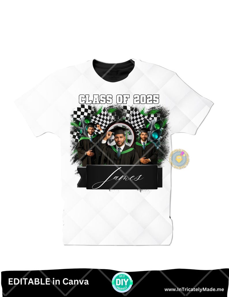 May include: White t-shirt with a black and green checkered design, a graduation cap, and the text "Class of 2025". The shirt also features a photo of a graduate with the name "James" written below.