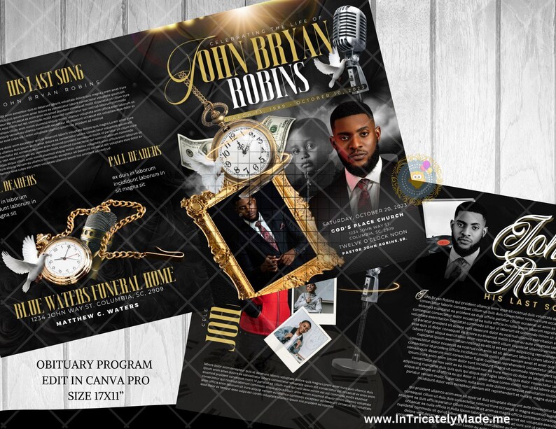 K&ouml;nnte beinhalten: Ein schwarzes und goldenes Nachrufprogramm mit dem Text "John Bryan Robins" und "His Last Song". Das Design umfasst eine Taschenuhr, ein Mikrofon und ein Foto eines Mannes im Anzug. Das Programm misst 43 x 28 cm.