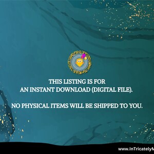 K&ouml;nnte beinhalten: T&uuml;rkis-goldener Hintergrund mit dem Text "THIS LISTING IS FOR AN INSTANT DOWNLOAD (DIGITAL FILE). NO PHYSICAL ITEMS WILL BE SHIPPED TO YOU." Ein dekoratives kreisf&ouml;rmiges Logo befindet sich in der oberen rechten Ecke.