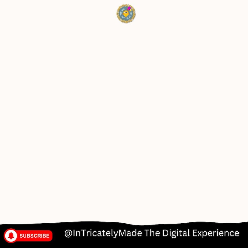 K&ouml;nnte beinhalten: Ein kreisf&ouml;rmiges, farbenfrohes Design mit einem l&auml;chelnden Gesicht in der Mitte. Das Design ist von einem strukturierten, beigen Rand umgeben. Der untere Teil des Bildes zeigt einen roten "SUBSCRIBE"-Button und den Text "@InTricatelyMade The Digital Experience."