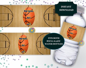 May include: Basketball-themed water bottle labels featuring a basketball graphic and the text "NOTHING BUT NET!". The labels fit both 237ml and 500ml water bottles. The words "INSTANT DOWNLOAD" are also visible.