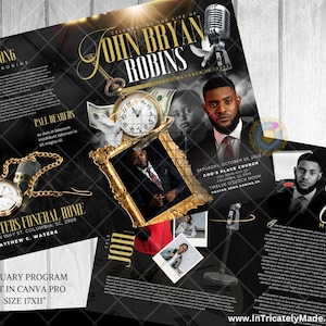 May include: A black and gold obituary program with the text "John Bryan Robins" and "His Last Song." The design includes a pocket watch, microphone, and a photo of a man in a suit. The program is 17x11 inches.