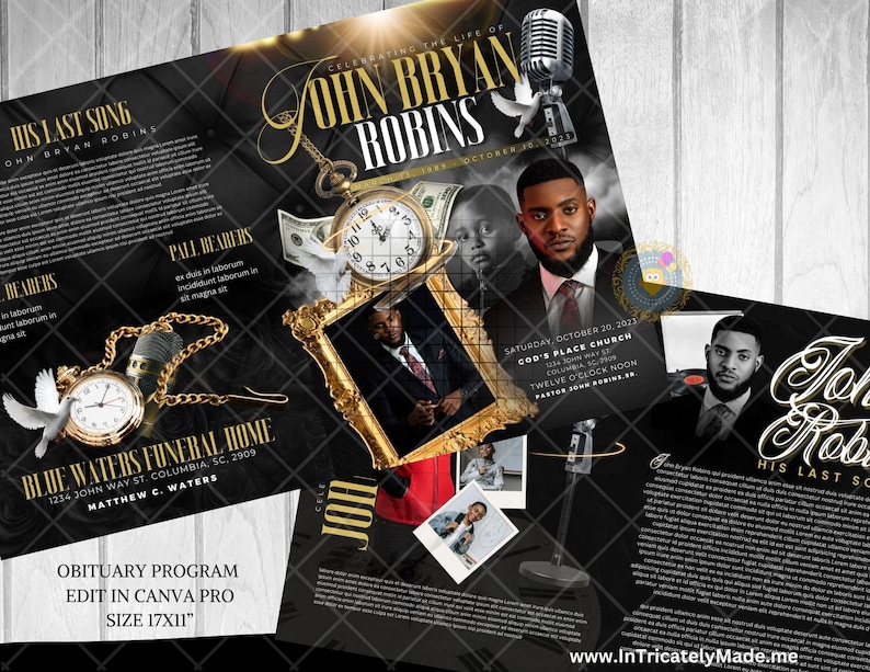 K&ouml;nnte beinhalten: Ein schwarz-goldenes Nachrufprogramm mit dem Text "John Bryan Robins" und "His Last Song". Das Design umfasst eine Taschenuhr, ein Mikrofon und ein Foto eines Mannes im Anzug. Das Programm misst 43 x 28 cm.