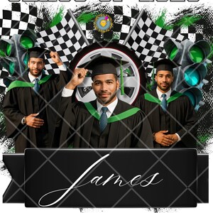 May include: A graduation announcement featuring three people wearing graduation caps and gowns. The background is a checkered pattern with green and black accents. The text "Class of 2025" is at the top of the image. The name "James" is written in cursive at the bottom of the image.