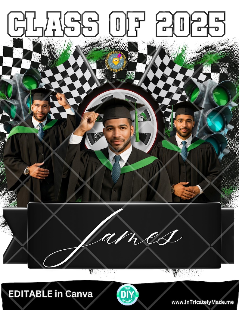 May include: A graduation announcement featuring three people wearing graduation caps and gowns. The background is a checkered pattern with green and black accents. The text "Class of 2025" is at the top of the image. The name "James" is written in cursive at the bottom of the image.