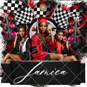May include: Three young women in graduation caps and gowns pose in front of a checkered flag and traffic light backdrop. The text "CLASS OF 2025" is at the top of the image. The name "Jamaica" is written in a black banner at the bottom of the image.