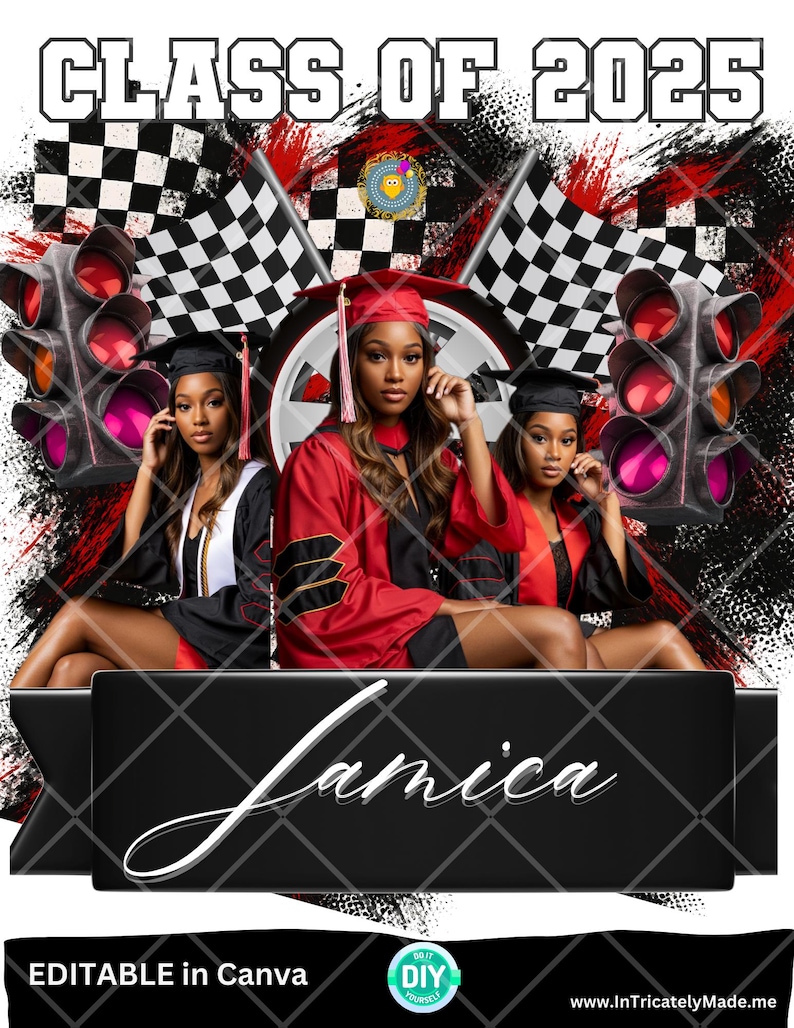 May include: Three young women in graduation caps and gowns pose in front of a checkered flag and traffic light backdrop. The text "CLASS OF 2025" is at the top of the image. The name "Jamaica" is written in a black banner at the bottom of the image.