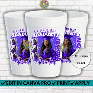 May include: Three white foam cups with a graduation theme. Each cup features a photo of a graduate in a purple gown and cap, the name "Amelia", and the year "2026". The cups also have the text "GRADUATE".