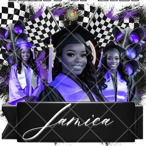 May include: A graduation announcement design featuring three girls in purple graduation gowns with black caps and tassels. The background is black with purple and white checkered flags, a traffic light, and the text "Class of 2023". The name "Jamica" is written in white cursive on a black banner.
