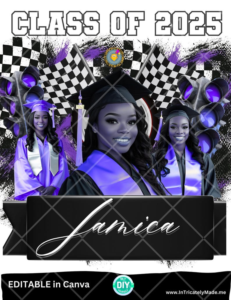 May include: A graduation announcement design featuring three girls in purple graduation gowns with black caps and tassels. The background is black with purple and white checkered flags, a traffic light, and the text "Class of 2023". The name "Jamica" is written in white cursive on a black banner.
