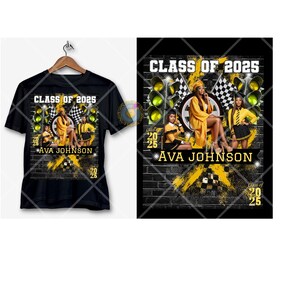 May include: A black t-shirt design featuring a graduation theme with a black and yellow color scheme. The design includes a group of three women in graduation caps and gowns, with the text "Class of 2025" and "Ava Johnson".