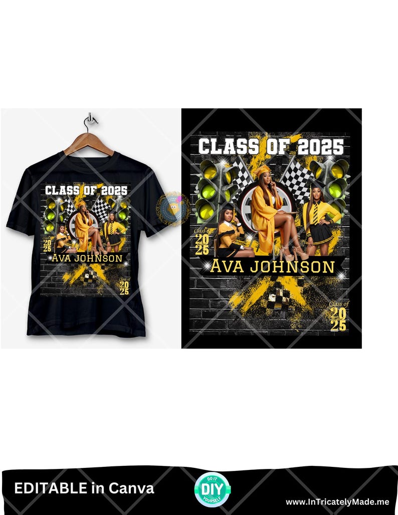 May include: A black t-shirt design featuring a graduation theme with a black and yellow color scheme. The design includes a group of three women in graduation caps and gowns, with the text "Class of 2025" and "Ava Johnson".