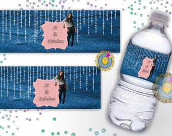 Etiquetas para botellas de agua con diseño de mezclilla y diamantes: envoltorios personalizados para fiestas (descarga en PDF)