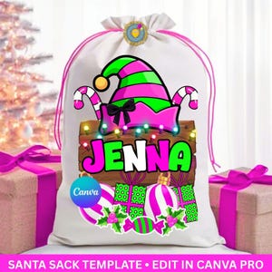 May include: A white drawstring gift sack featuring a graphic of a green and pink elf hat, a wooden sign with the name JENNA in bright green letters, candy canes, wrapped presents, and Christmas ornaments with holly leaves and berries.