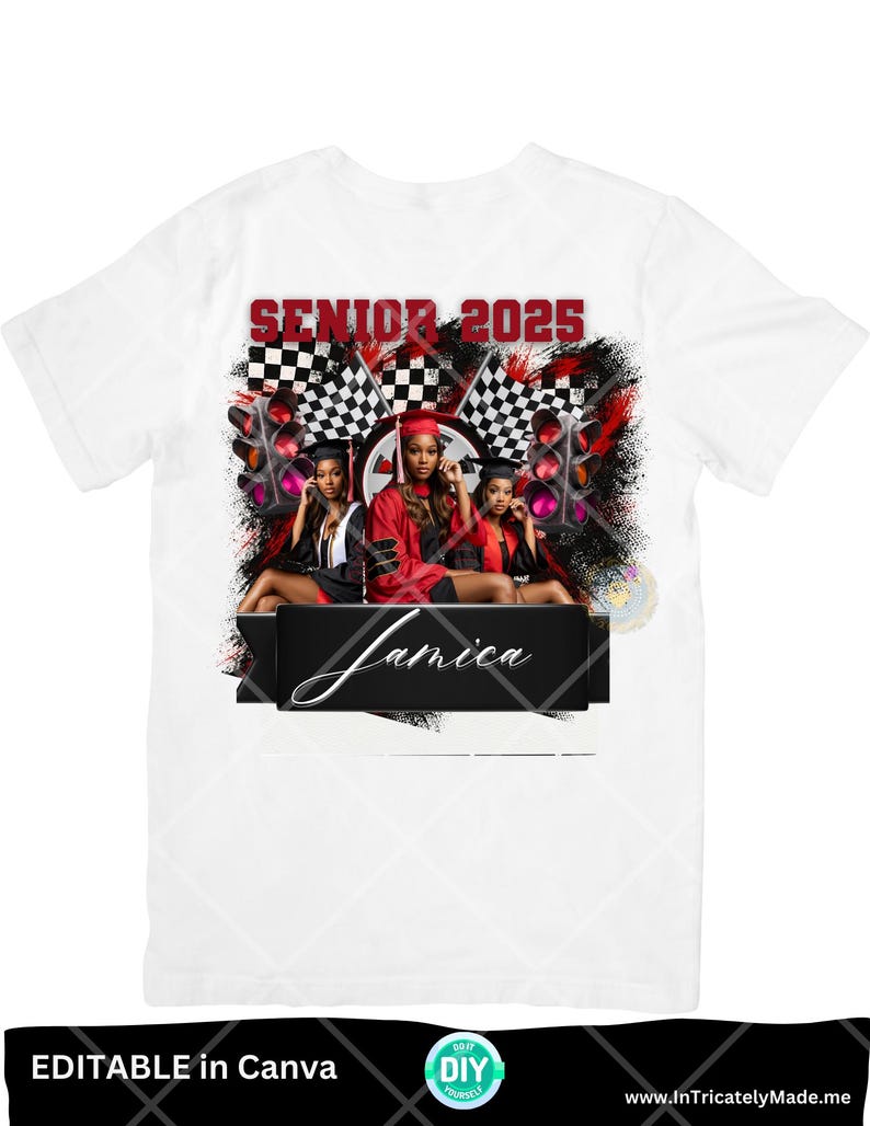 May include: White t-shirt with a black and red design featuring three women in graduation caps and gowns. The design includes checkered flags, traffic lights, and the text "Senior 2025" and "Jamaica".
