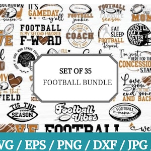 Puede incluir: Un conjunto de 35 archivos SVG, EPS, PNG, DXF, JPG y PDF con temática de fútbol americano. Los diseños presentan varias frases e imágenes relacionadas con el fútbol americano, incluyendo "Game On", "Football Dad", "Football Vibes" y "Love You To The End Zone And Back".