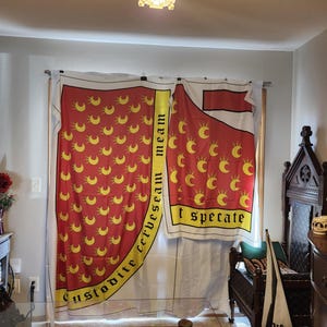 May include: Red and white curtains with a yellow border and repeating yellow crescent moon pattern. The curtains have text in Latin, including "Custodite cerveseam meam" and "t specate".